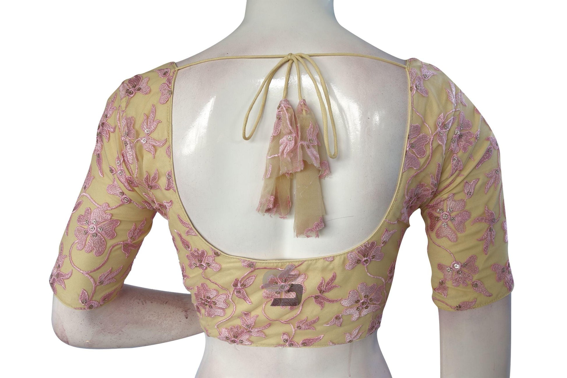 Pastel Yellow Color Netted Embroidery Designer Readymade Blouse - D3blouses