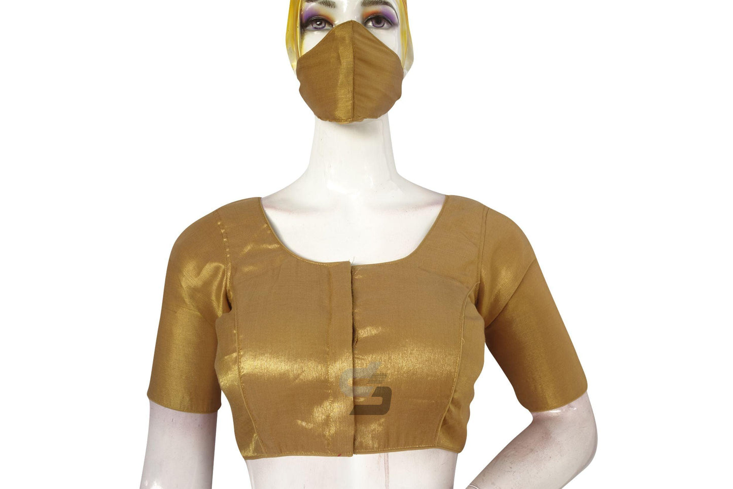 Gold Color Plain Tissue Readymade Blouses With Matching Mask - D3blouses