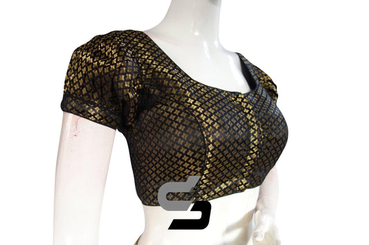 Black Color Brocade Silk Puff Sleeves Readymade Saree Blouse - D3blouses