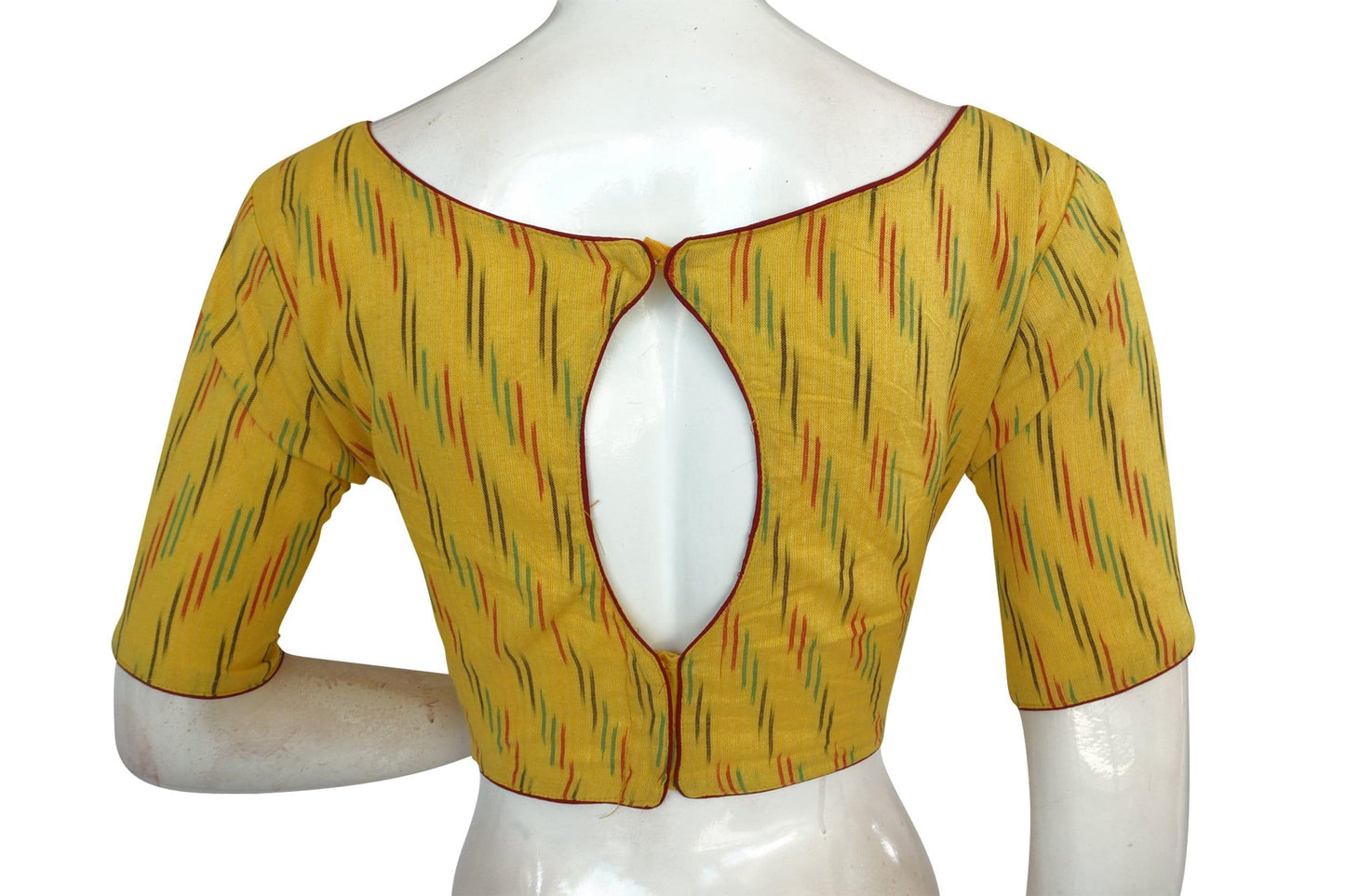 yellow color ikkat cotton boat neck readymade saree blouses