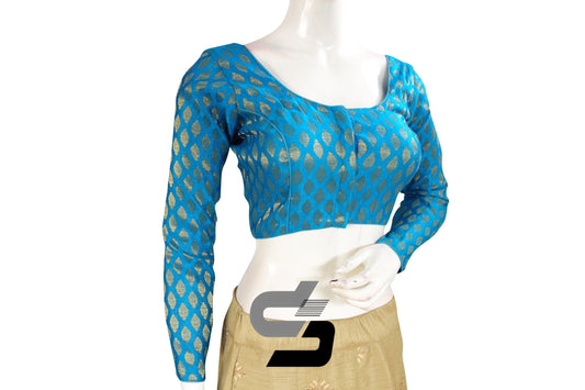 Blue Color Brocade Silk Full sleeves Readymade Blouse - D3blouses
