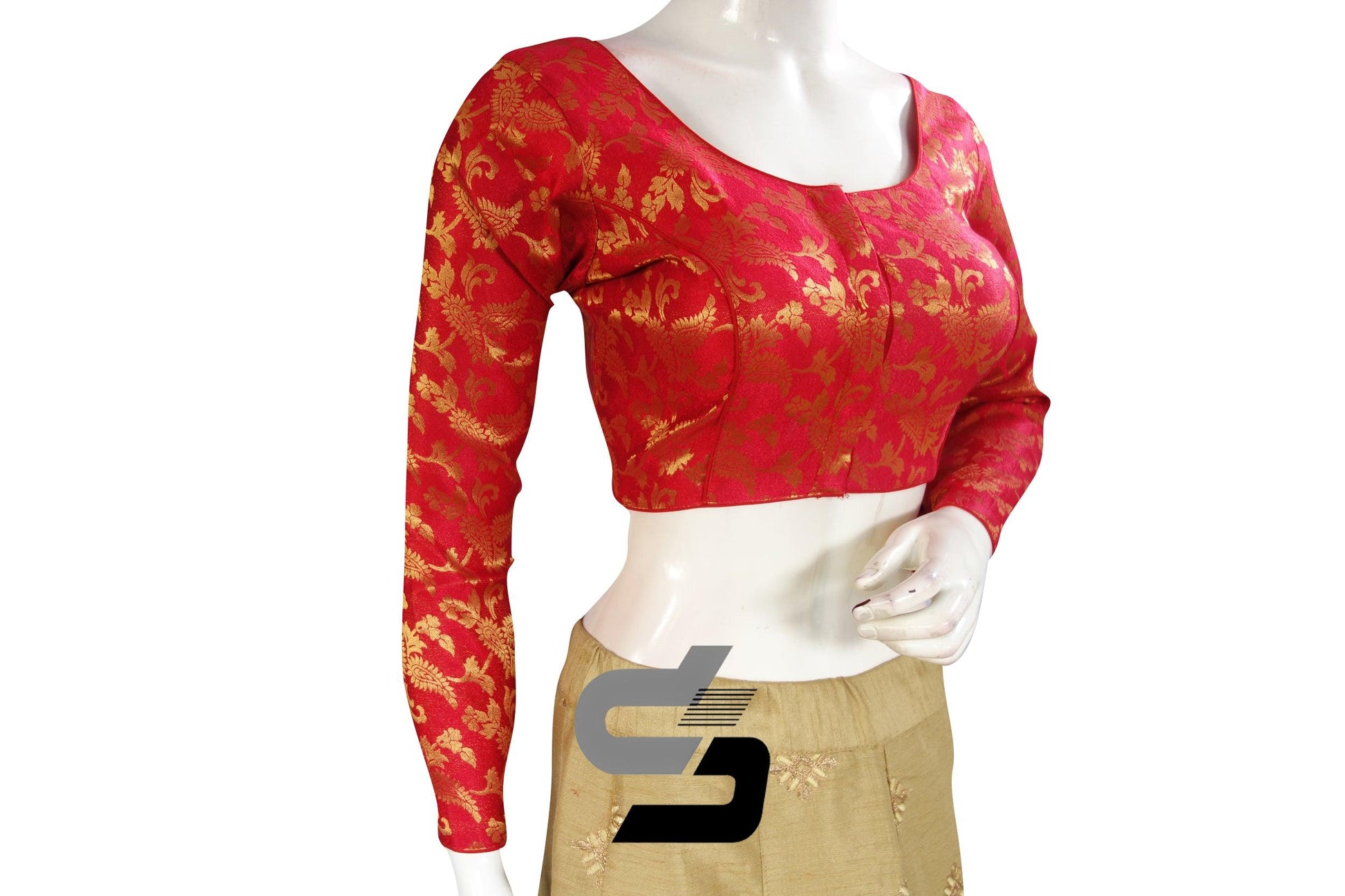 Red Color Brocade Silk Full sleeves Readymade Blouse - D3blouses