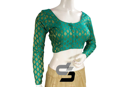 Teal Green Color Brocade Silk Full sleeves Readymade Blouse - D3blouses