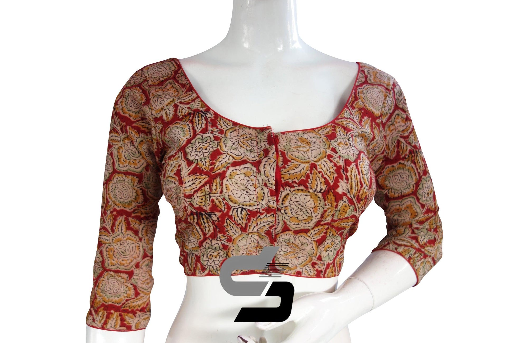 Kalamkari 3/4th Sleeves Readymade saree blouse , Indian Cotton Readymade blouse - D3blouses