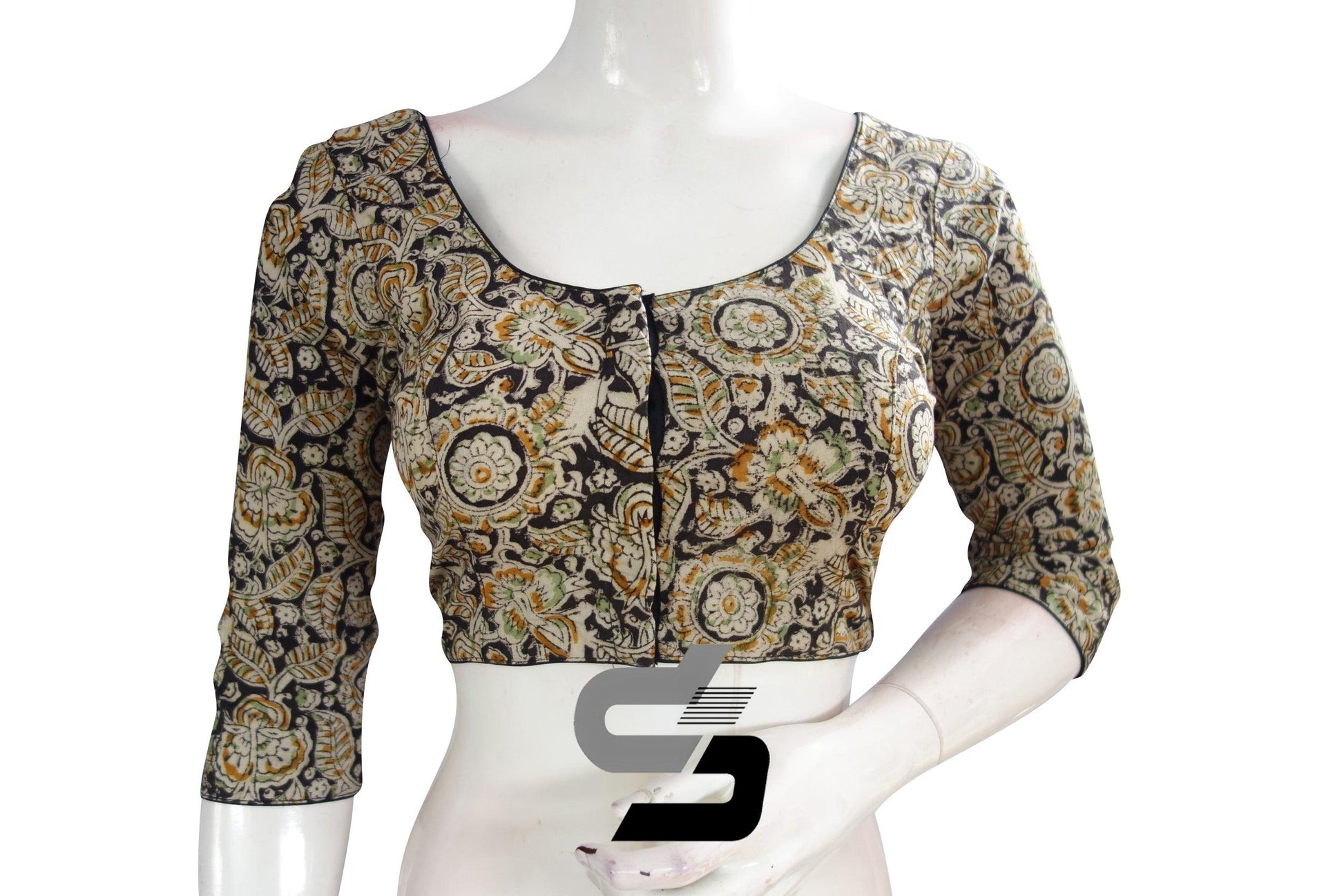 Kalamkari 3/4th Sleeves Readymade saree blouse , Indian Cotton Readymade blouse - D3blouses