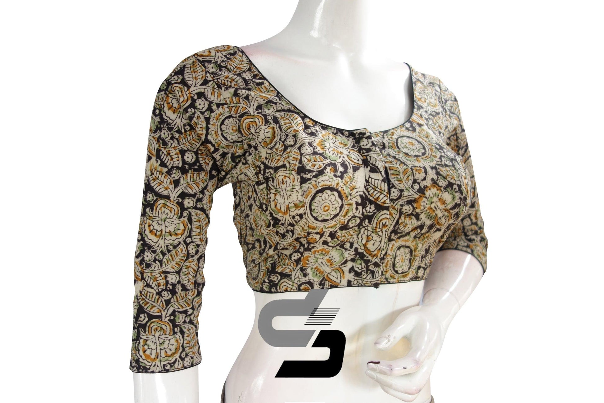 Kalamkari 3/4th Sleeves Readymade saree blouse , Indian Cotton Readymade blouse - D3blouses