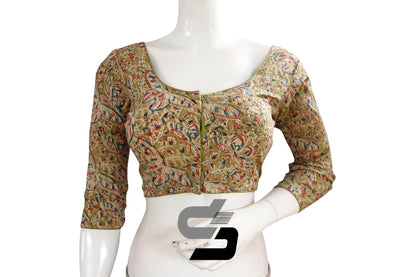 Kalamkari 3/4th Sleeves Readymade saree blouse , Indian Cotton Readymade blouse - D3blouses