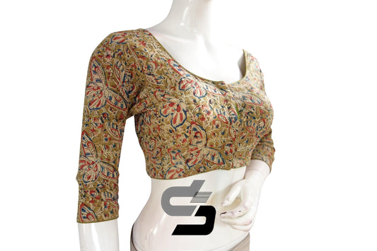 Kalamkari 3/4th Sleeves Readymade saree blouse , Indian Cotton Readymade blouse - D3blouses