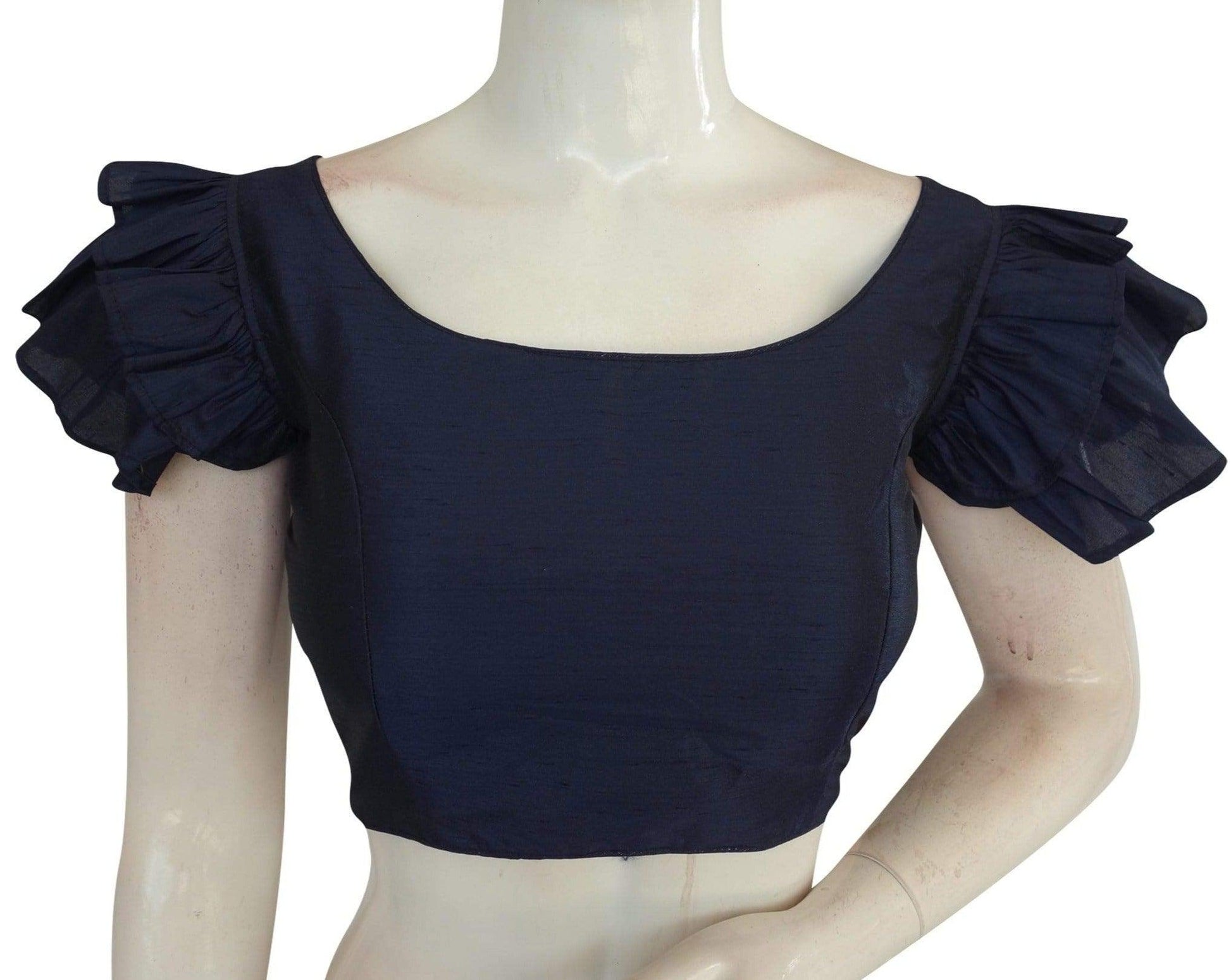 navy blue color plain semi silk designer frill sleeves readymade saree blouse