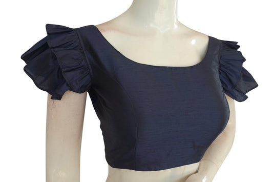 Step into bliss with "Navy Blue Bliss," our Plain Semi Silk Designer Frill Sleeves Readymade Saree Blouse, exuding elegance and sophistication with its stylish design and graceful frill sleeves.
