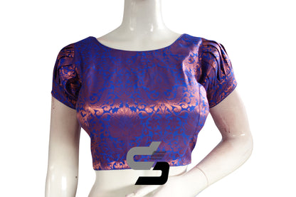 Royal Blue Color Brocade Puff Sleeves Readymade Saree Blouse With Boat Neck