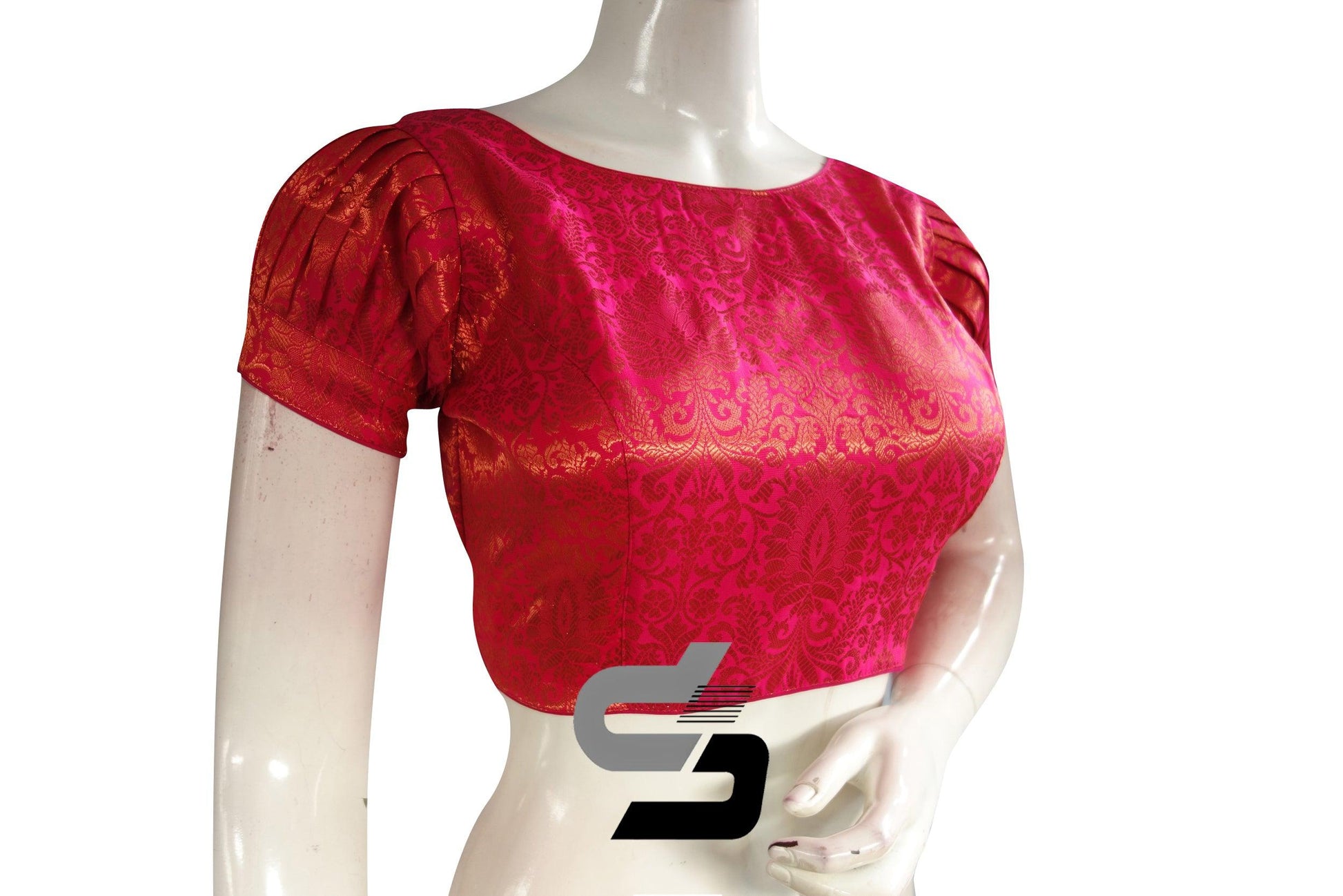 Pink Color Brocade Puff Sleeves Readymade Saree Blouse With Boat Neck - D3blouses
