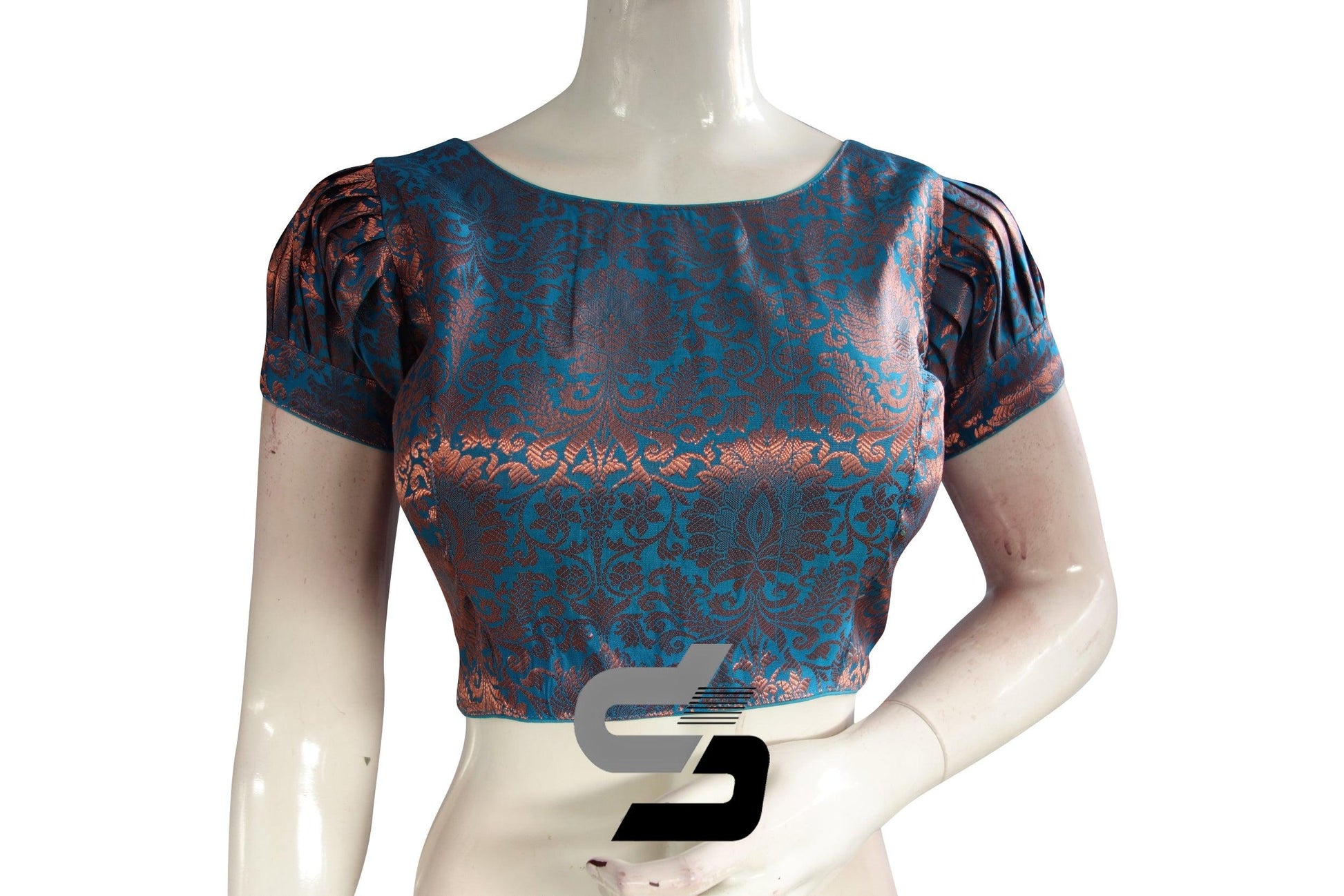 Blue Color Brocade Puff Sleeves Readymade Saree Blouse With Boat Neck - D3blouses