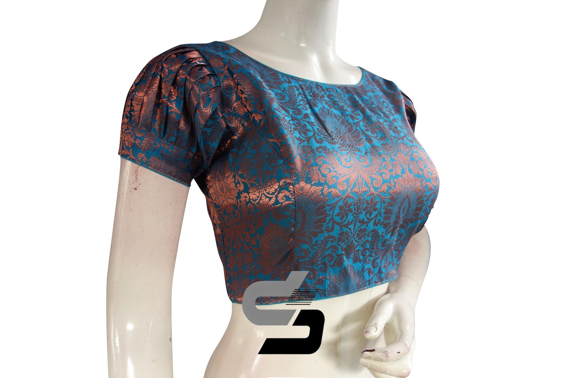 Blue Color Brocade Puff Sleeves Readymade Saree Blouse With Boat Neck - D3blouses
