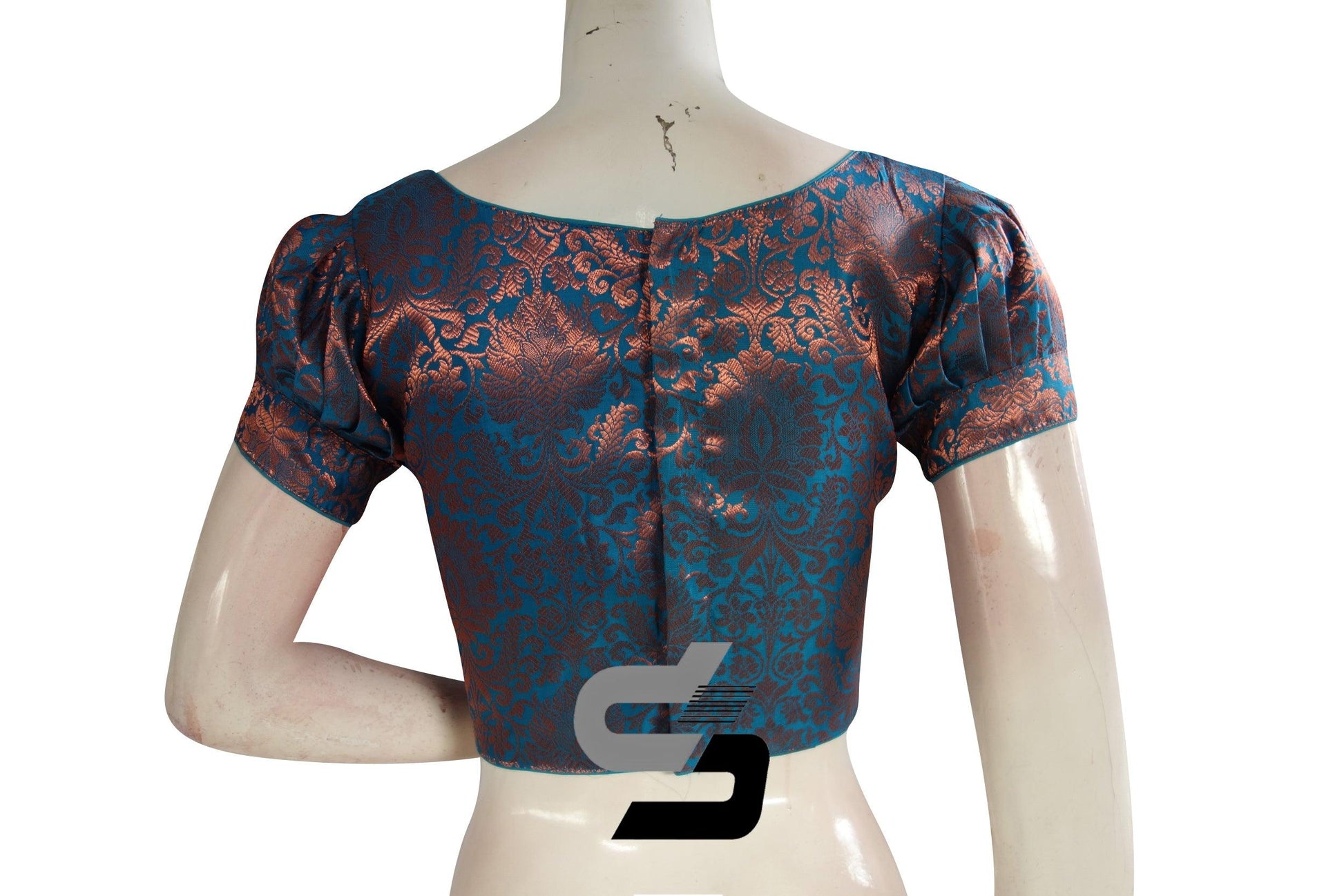 Blue Color Brocade Puff Sleeves Readymade Saree Blouse With Boat Neck - D3blouses