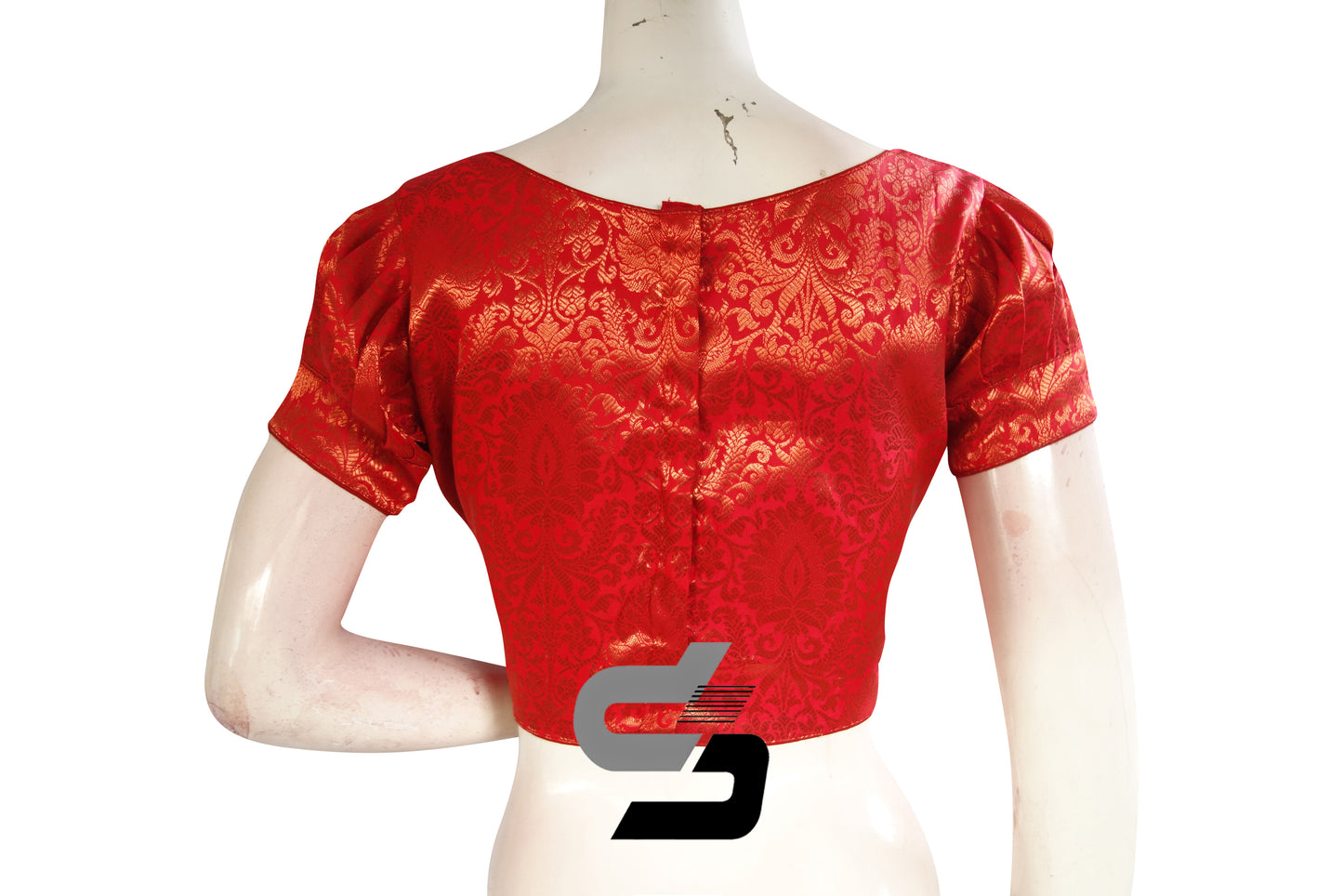 Red Color Brocade Puff Sleeves Readymade Saree Blouse With Boat Neck