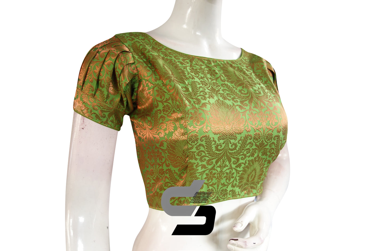 Green Color Brocade Puff Sleeves Readymade Saree Blouse With Boat Neck