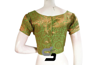 Green Color Brocade Puff Sleeves Readymade Saree Blouse With Boat Neck