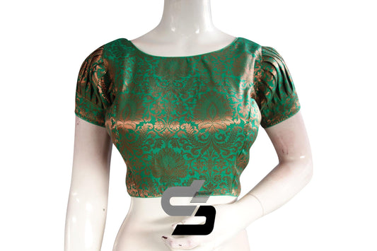 Green Color Brocade Puff Sleeves Readymade Saree Blouse With Boat Neck - D3blouses