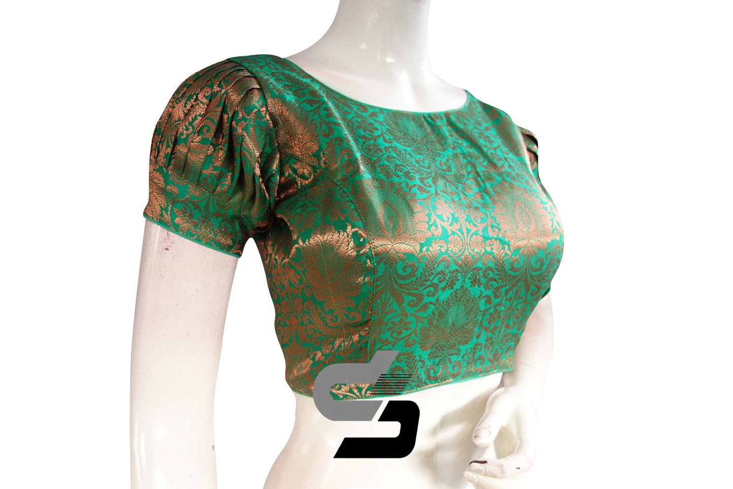 Green Color Brocade Puff Sleeves Readymade Saree Blouse With Boat Neck - D3blouses