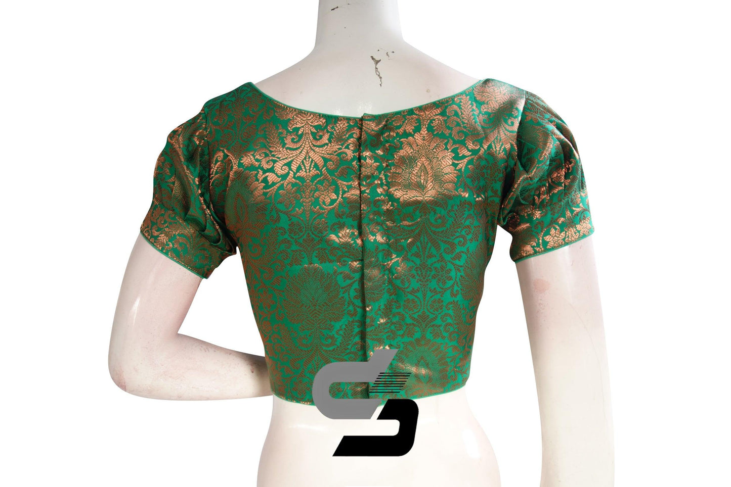 Green Color Brocade Puff Sleeves Readymade Saree Blouse With Boat Neck - D3blouses