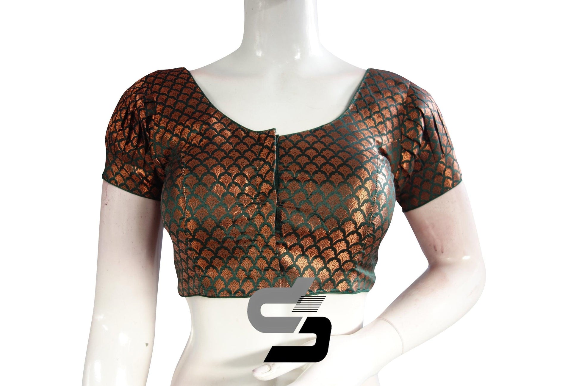 Dark Green Color Brocade Puff Sleeves Readymade Saree Blouse - D3blouses