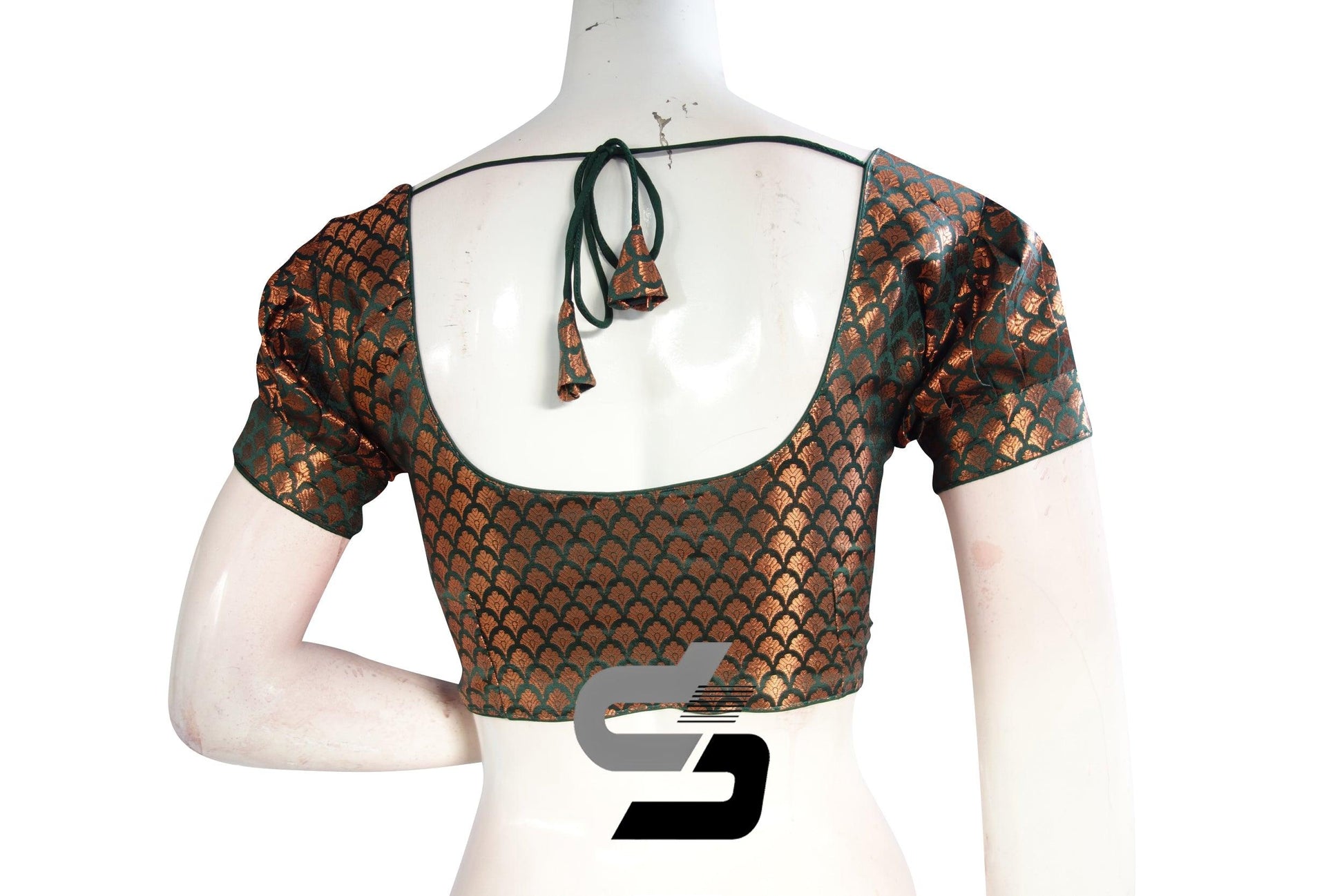 Dark Green Color Brocade Puff Sleeves Readymade Saree Blouse - D3blouses