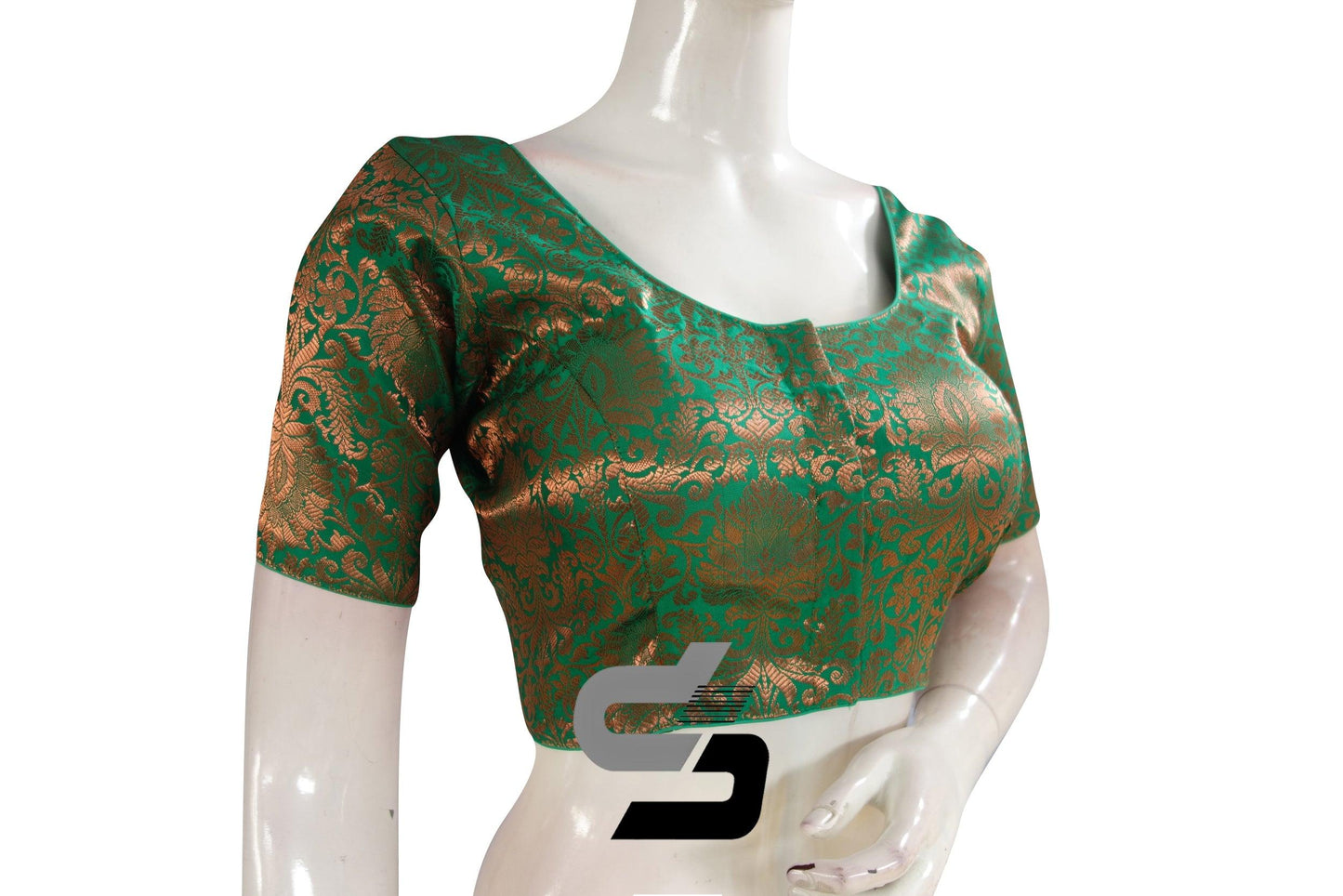 Green Color Premium Brocade Silk Readymade Saree Blouse - D3blouses