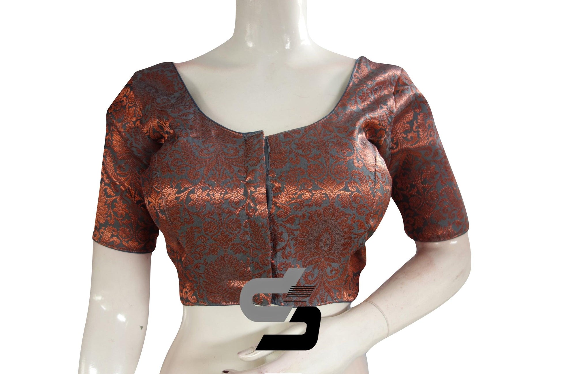 Grey Color Premium Brocade Silk Readymade Saree Blouse - D3blouses