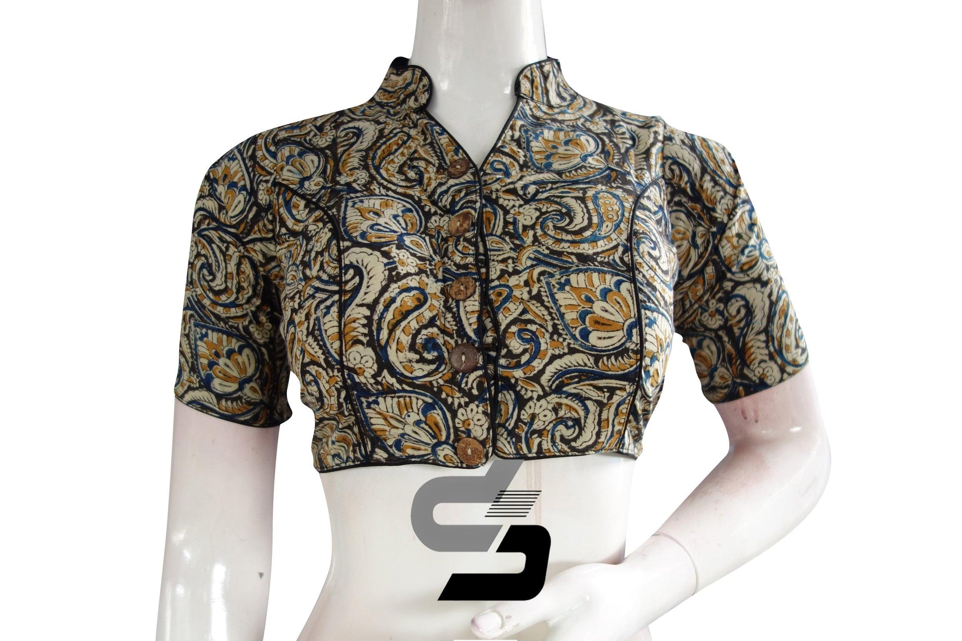 Kalamkari Collar Readymade Saree Blouse, Indian Readymade Blouse,Crop top, Tunic top - D3blouses