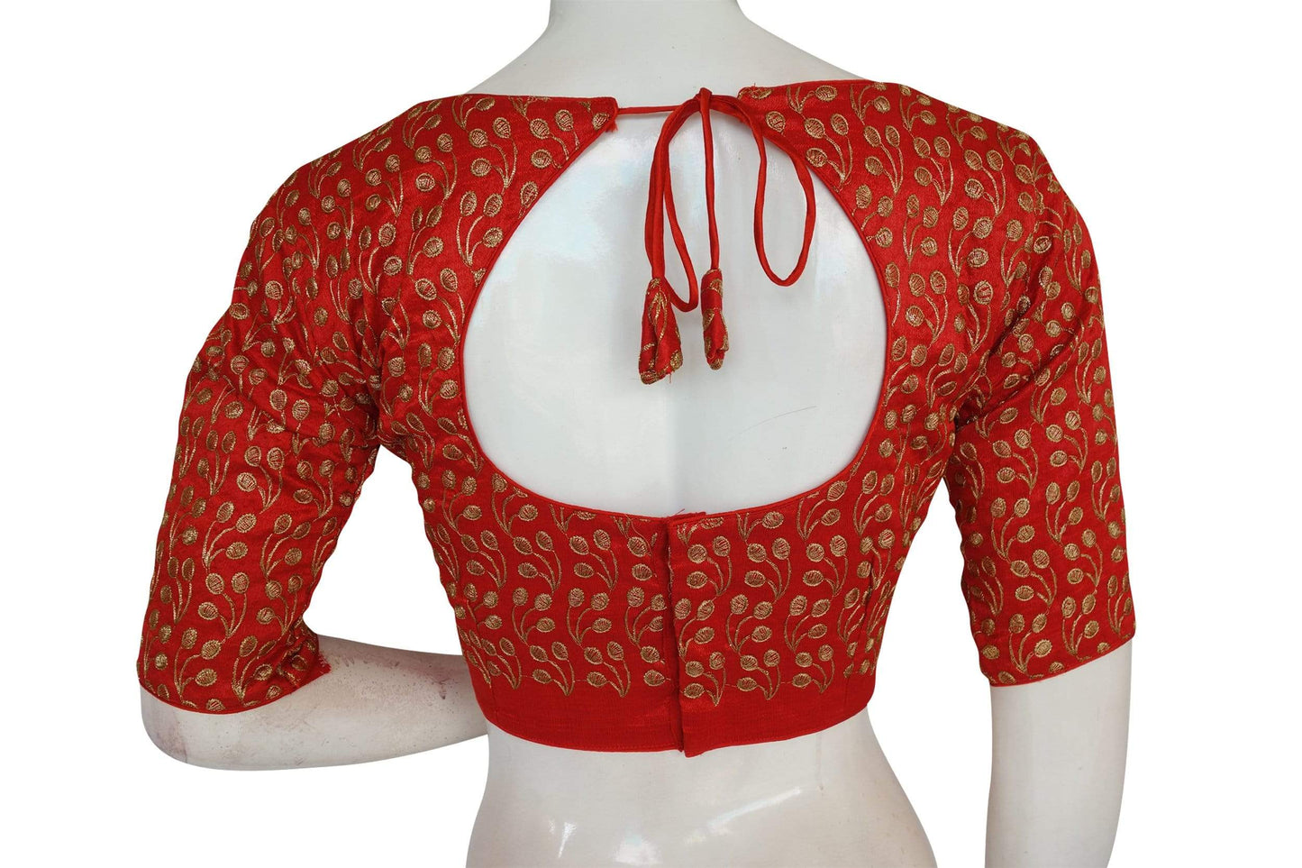 red color banaras brocade silk designer boat neck readymade saree blouse