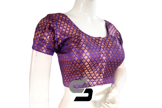 Purple Color Brocade Puff Sleeves Readymade Saree Blouse