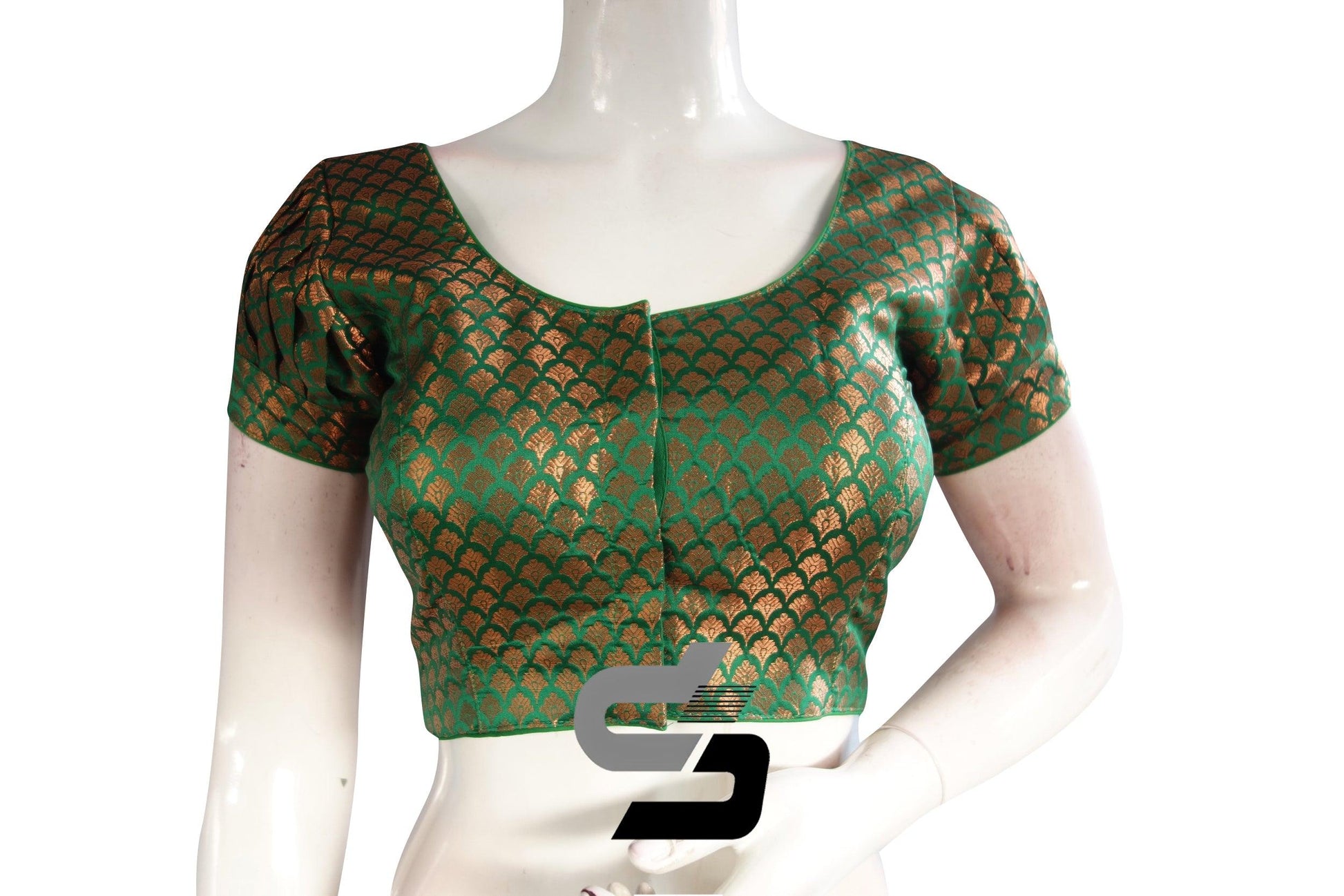 Green Color Brocade Puff Sleeves Readymade Saree Blouse - D3blouses