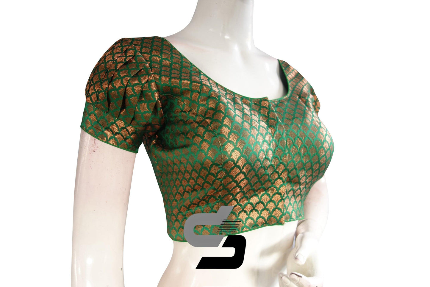 Green Color Brocade Puff Sleeves Readymade Saree Blouse - D3blouses