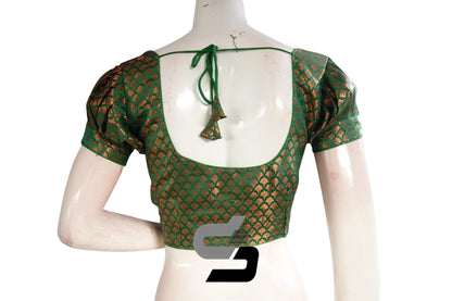 Green Color Brocade Puff Sleeves Readymade Saree Blouse - D3blouses