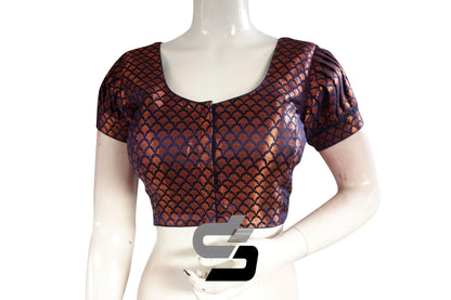 Navy Blue Color Brocade Puff Sleeves Readymade Saree Blouse - D3blouses