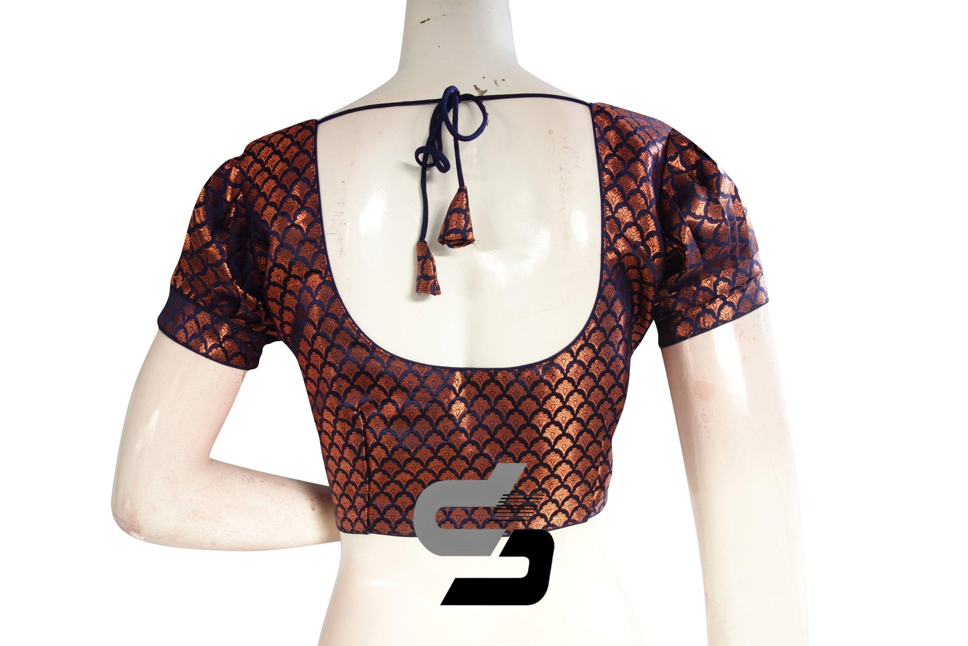 Navy Blue Color Brocade Puff Sleeves Readymade Saree Blouse - D3blouses