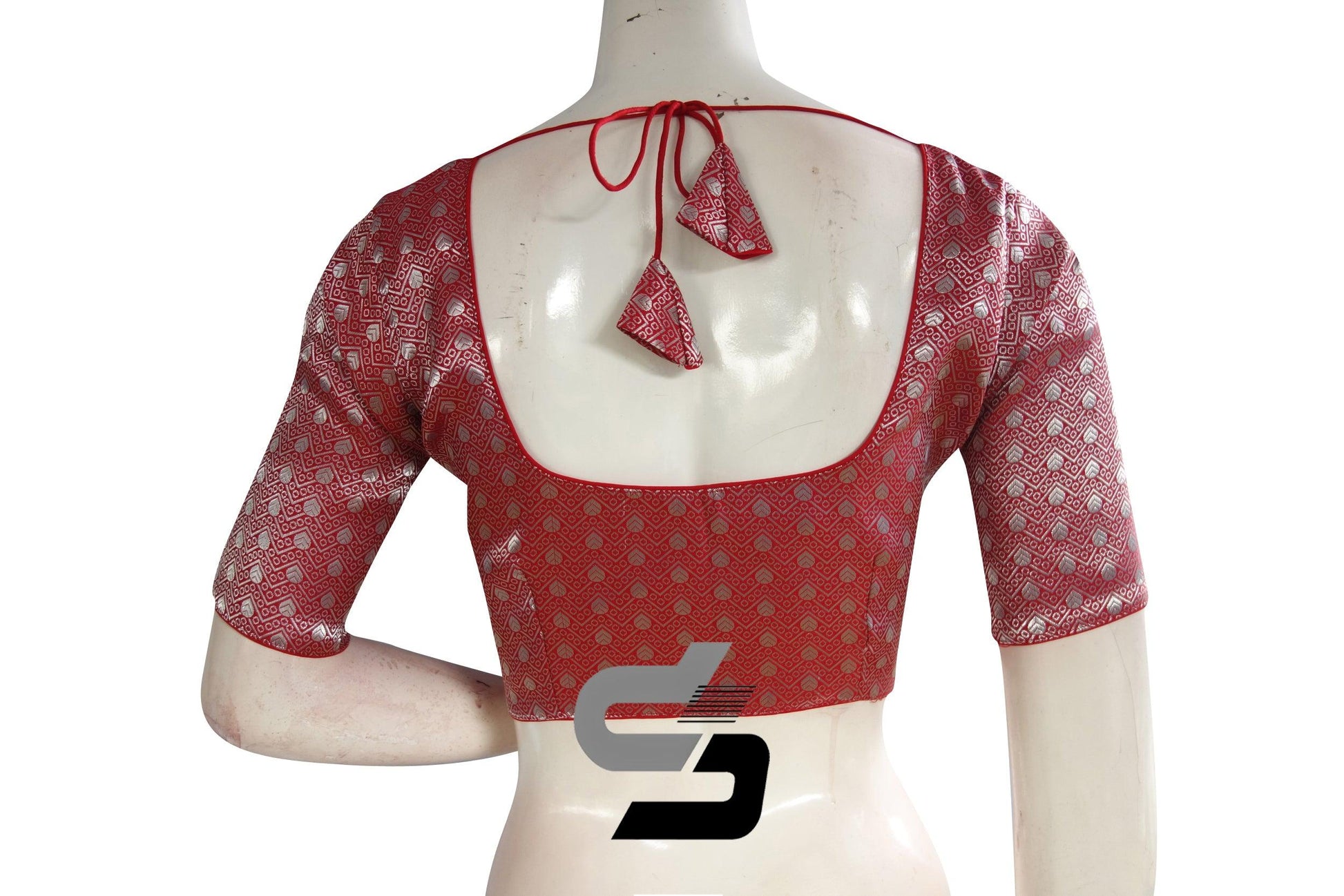 Red And Silver Mixed Brocade Silk Readymade Saree Blouse - D3blouses