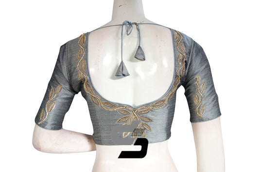 Grey Color Elegant Semi silk Neckwork Designer Blouse - D3blouses