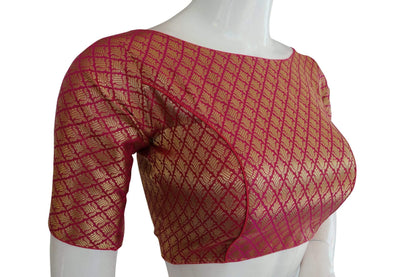 copy of brocade silk designer boat neck ready made saree blouse with potli button indian silk saree ready made blouse 1