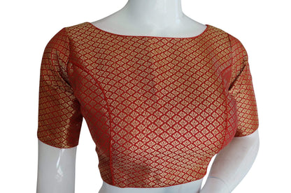 copy of red color brocade silk designer boat neck readymade saree blouse with potli button indian silk saree readymade blouse 2