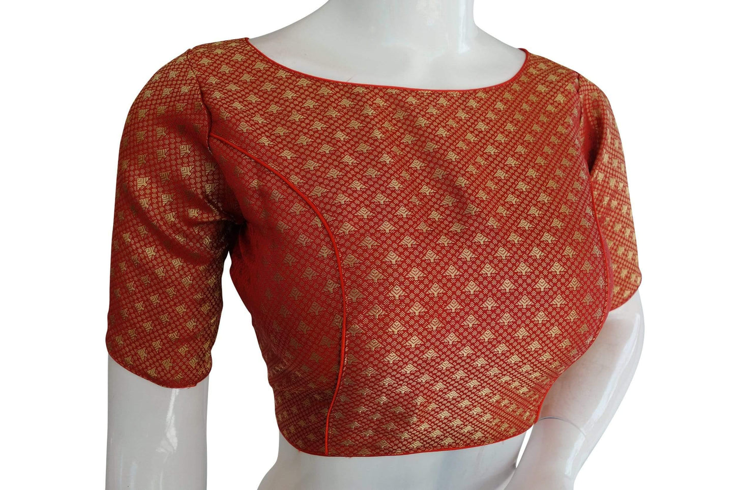 copy of red color brocade silk designer boat neck readymade saree blouse with potli button indian silk saree readymade blouse 3