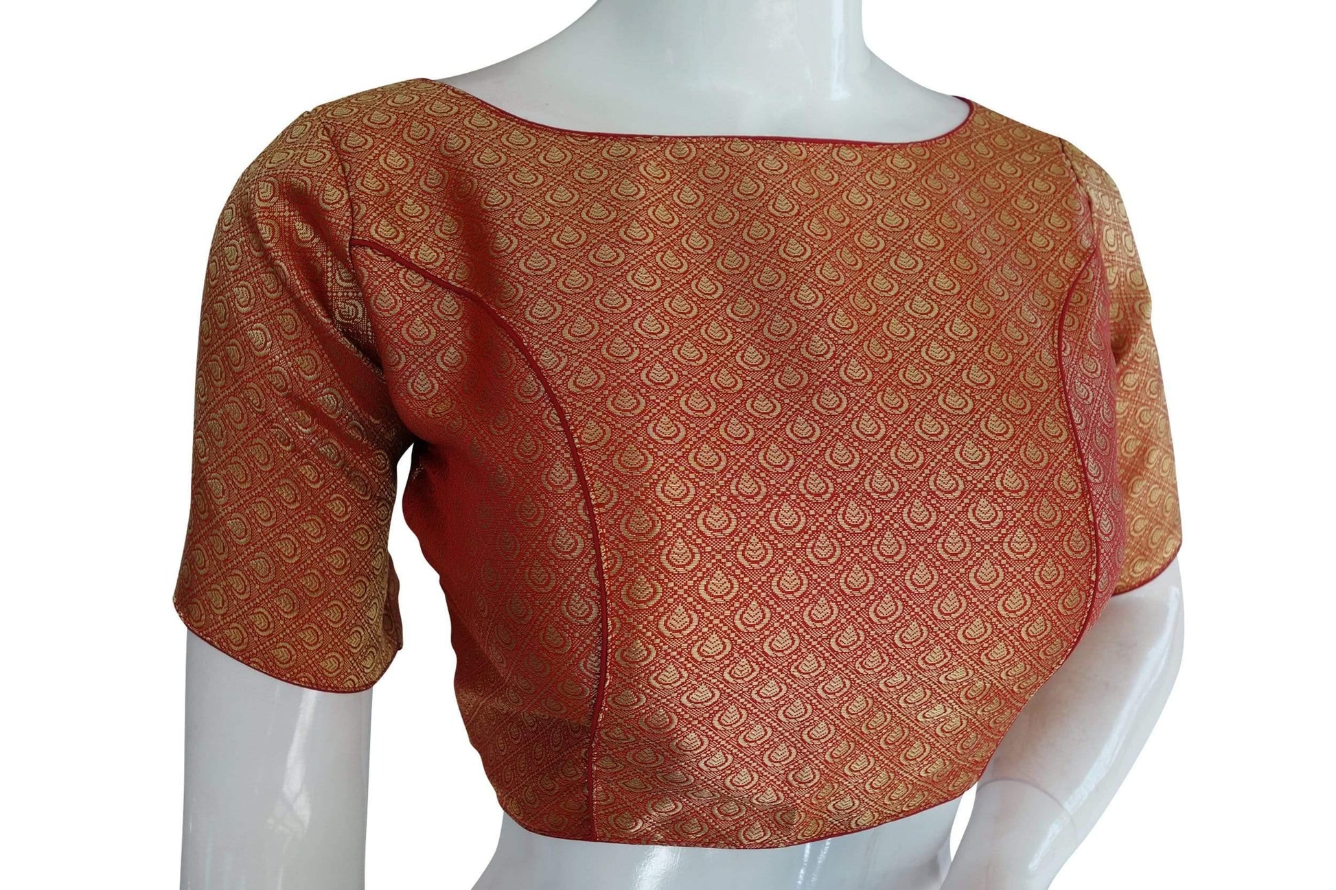 copy of red color brocade silk designer boat neck readymade saree blouse with potli button indian silk saree readymade blouse 5