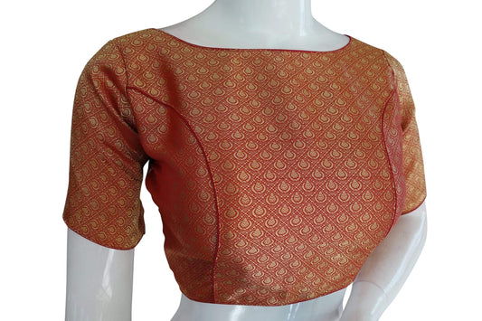 copy of red color brocade silk designer boat neck readymade saree blouse with potli button indian silk saree readymade blouse 5