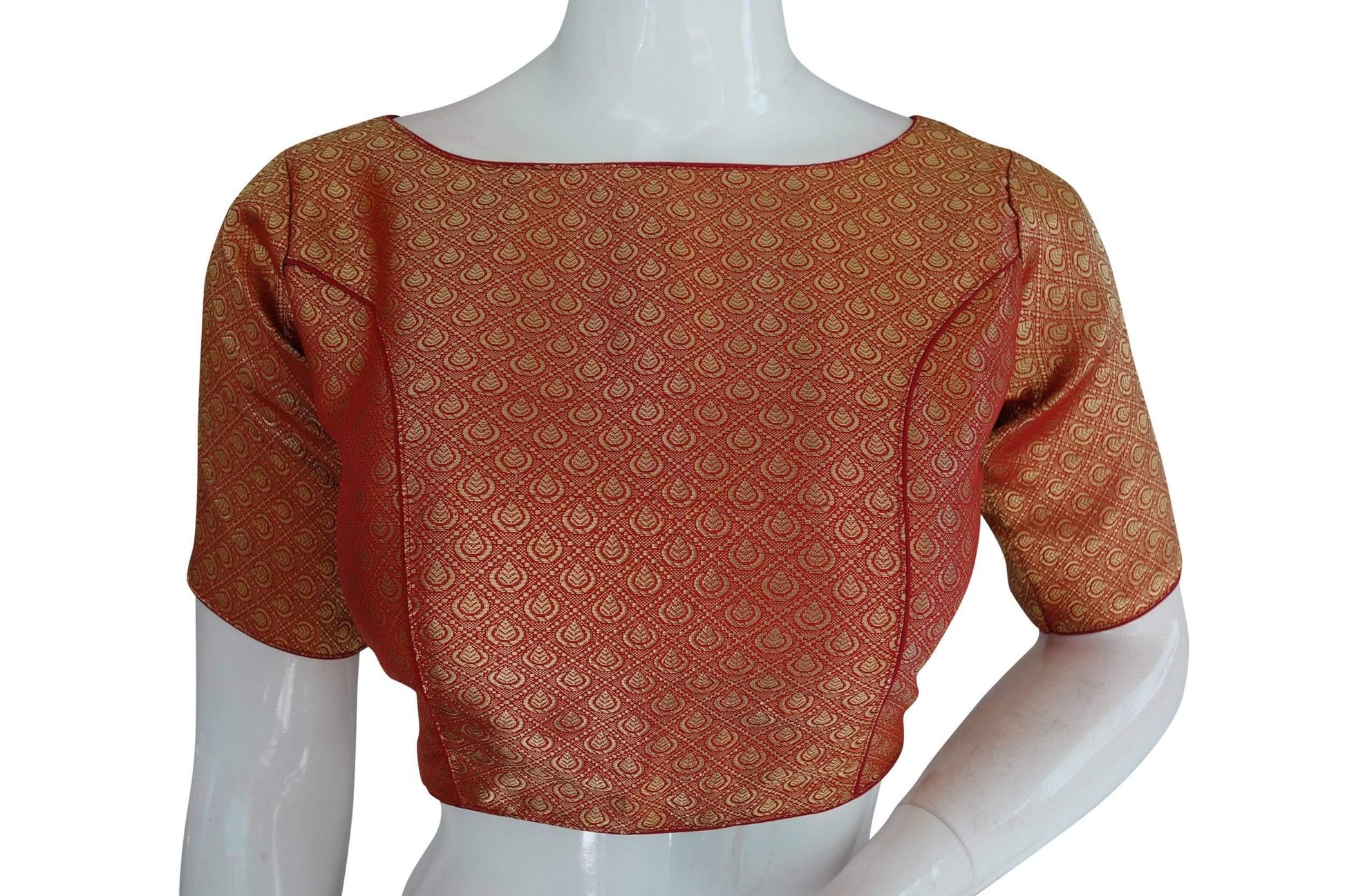 copy of red color brocade silk designer boat neck readymade saree blouse with potli button indian silk saree readymade blouse 5