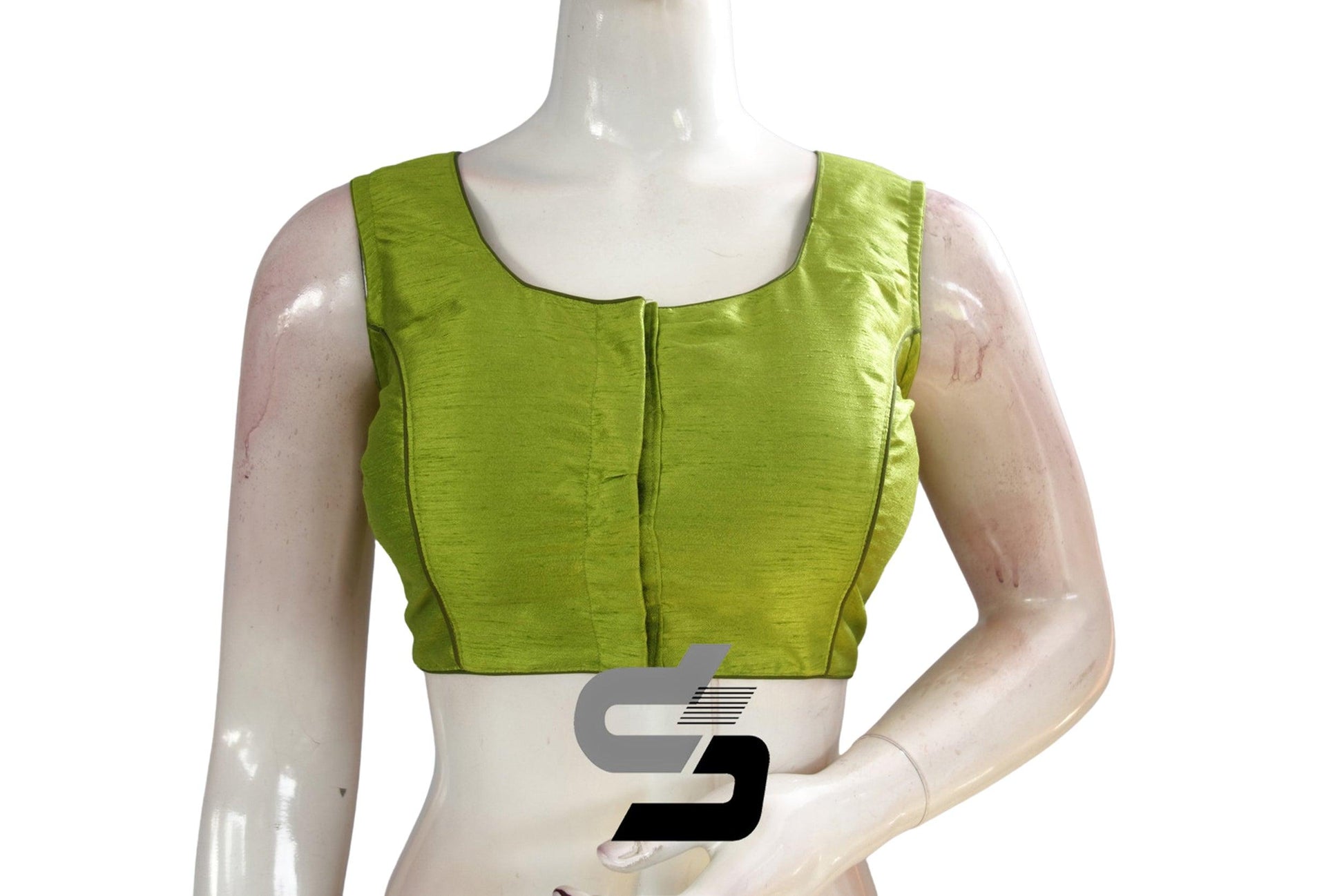 Green Color Sleeveless Plain Semi Silk Readymade Saree Blouse, Indian Readymade Blouse - D3blouses