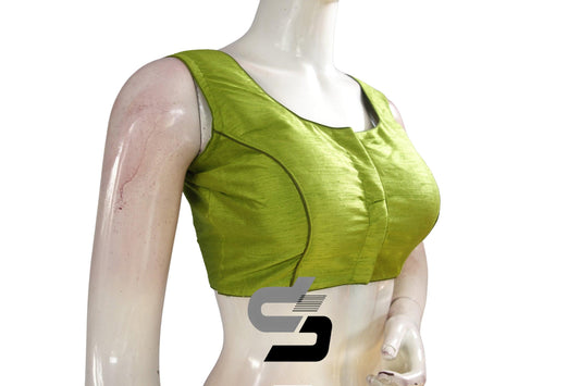 Lemon Green Sleeveless Plain Semi Silk Readymade Saree Blouse, Indian Elegance