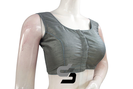Grey Color Sleeveless Plain Semi Silk Readymade Saree Blouse, Indian Readymade Blouse - D3blouses