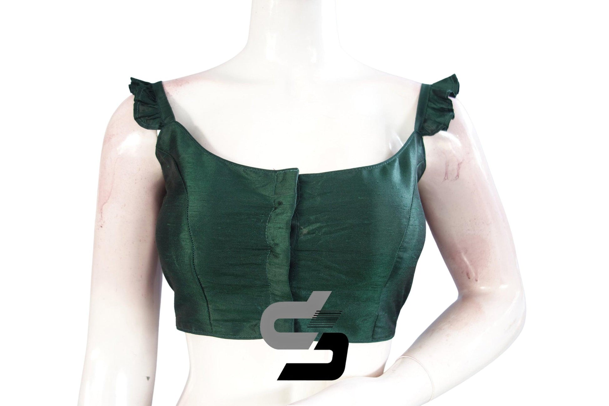 Green Color Plain Silk Spaghetti Frill Sleeves Readymade saree blouse, Indian Readymade blouse - D3blouses