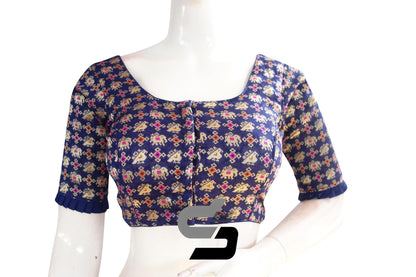 Navy Blue Color Designer Brocade Silk Readymade Blouse With Matching Mask - D3blouses
